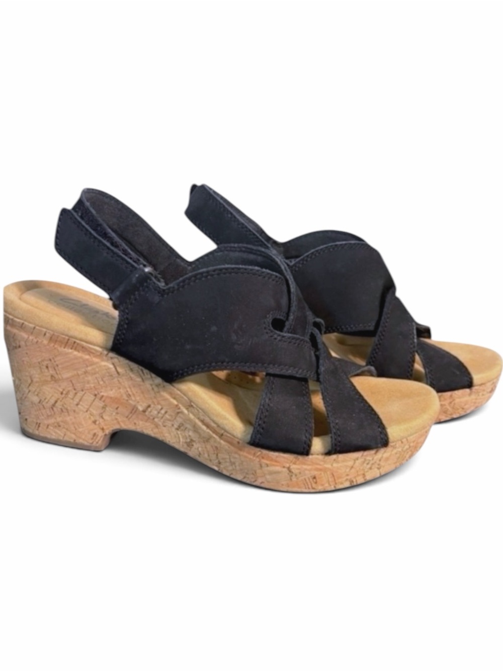 Clarks Giselle Flora Womens Suede Leather Cork Wedge Platform Sandals Black NWOT